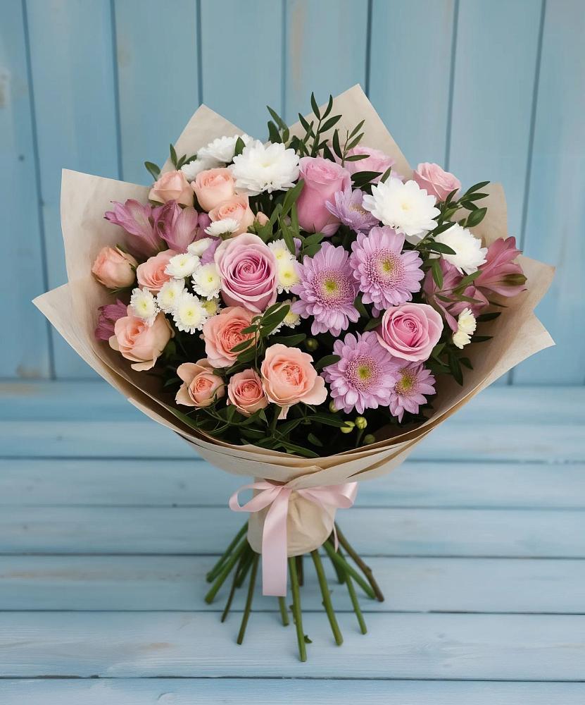 Букет цветов из: Хризантемы, Розы и Альстромерии в Пшехской