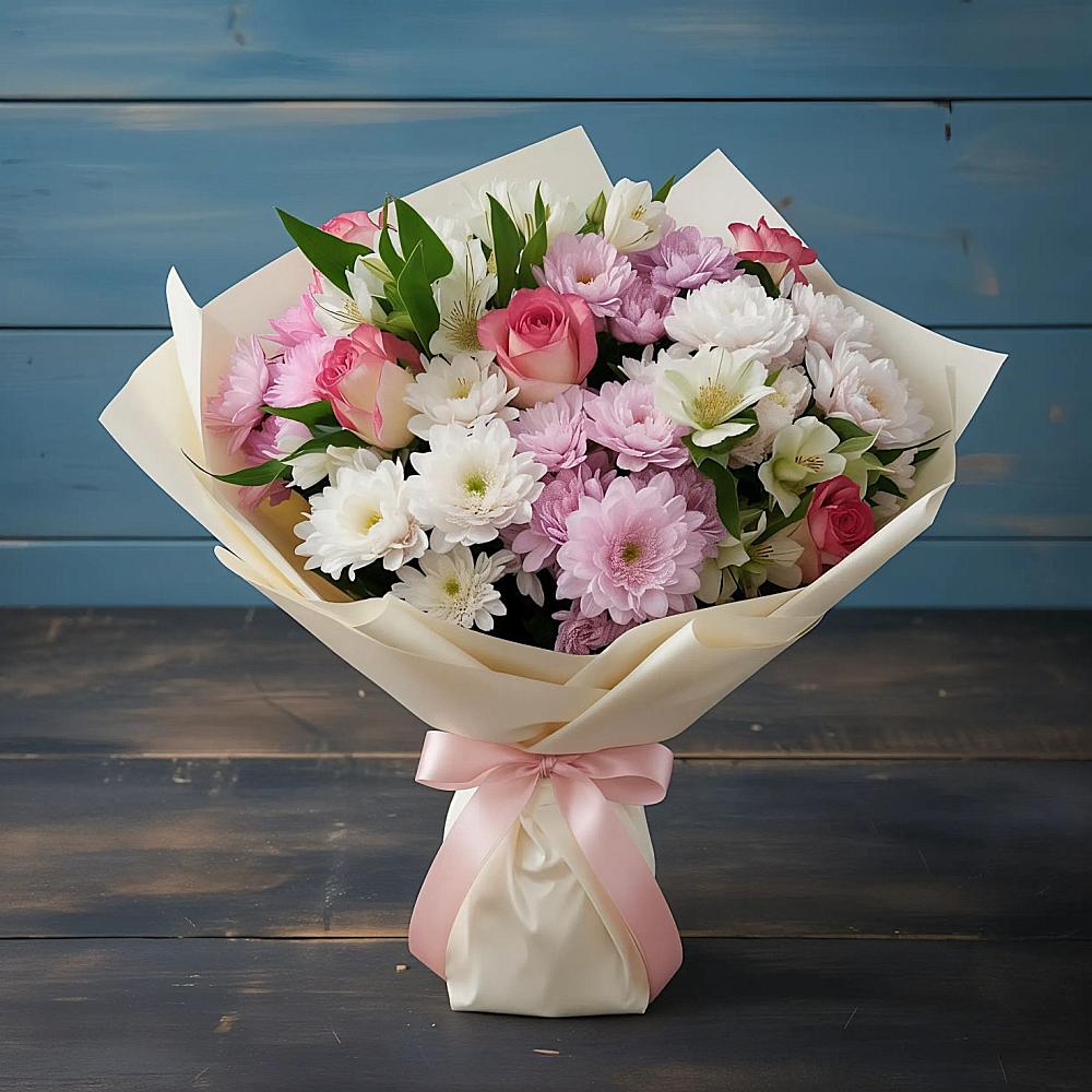 Букет цветов из: Хризантемы, Альстромерии и Розы в Пшехской